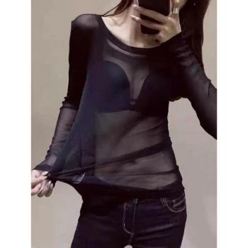 黑色性感透明緊身薄款T恤網紗