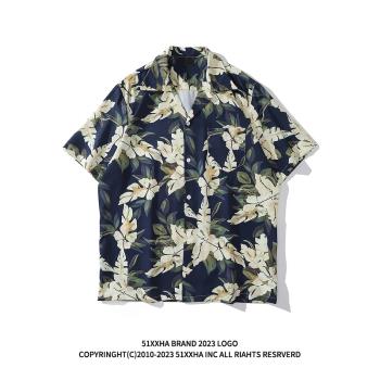 51嘻哈潮牌復古植物印花古巴領襯衫男夏季vintage夏威夷短袖襯衣