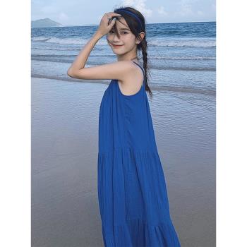 藍色無袖吊帶長裙沙灘海邊度假連衣裙女2023新款夏季小個子高級感