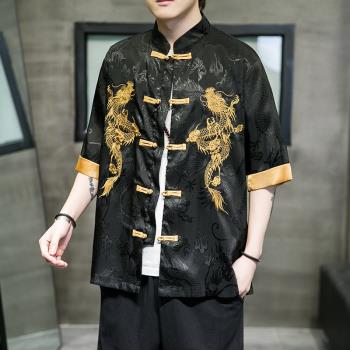 唐裝男夏季薄款冰絲短袖襯衫中國風男裝復古龍紋刺繡中式漢服外套