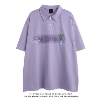 芃漫噴繪壓花字母短袖polo衫日系運動風中性情侶tee恤復古夏季T恤