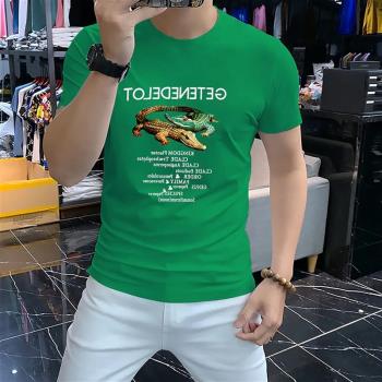 歐洲站2023夏季高端男士短袖圓領衫數碼5D印花鱷魚網紅修身上衣潮