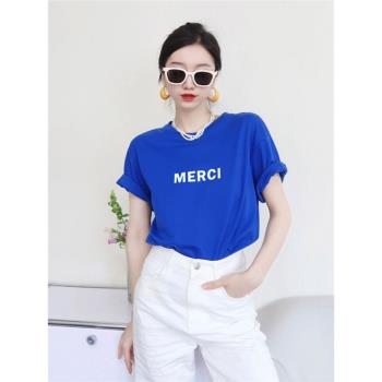 克萊因藍夏季短袖t恤女2023年韓式新款潮流寬松舒適純棉上衣ins潮