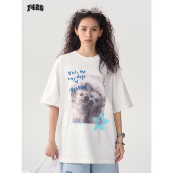 【F426官方店】國潮牌夏季情侶寬松貓狗照片系列趣味涂鴉T恤短袖
