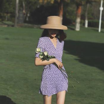 ／Back To／法式浪漫復古一片式綁帶顯瘦氣質連衣裙紫色碎花短裙