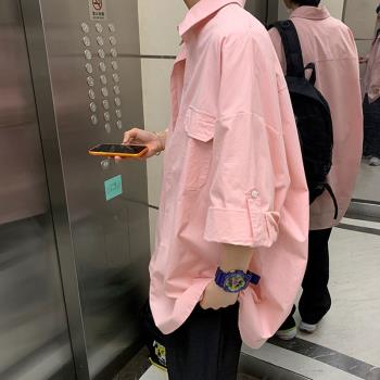 粉色七分袖襯衫男款夏季日系cityboy工裝短袖襯衣設計感小眾外套
