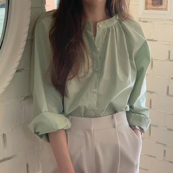 韓風chic設計感小眾單排扣圓領襯衫女早秋清新別致薄荷綠長袖上衣