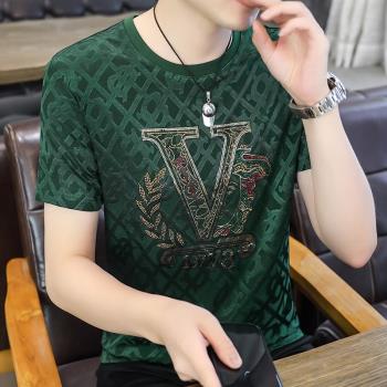 歐貨大牌t恤男高階名牌冰絲夏季短袖男燙鉆潮牌潮流時尚提花上衣