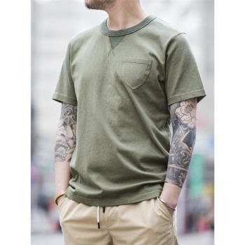馬登工裝日系復古軍綠色短袖t恤男夏季純棉圓領阿美咔嘰純色體恤