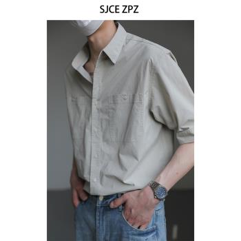 ZPZ高級感夏季上衣韓國5五分短袖襯衫男2023新款潮流純色中袖襯衣