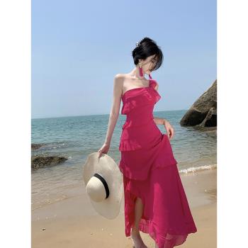 度假風裙子連衣裙法式優雅玫紅色荷葉邊氣質名媛小禮服海邊沙灘裙