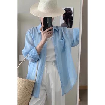 韓系chic寬松棉麻防曬長袖襯衫女新款奶系溫柔風藍色襯衣上衣夏季