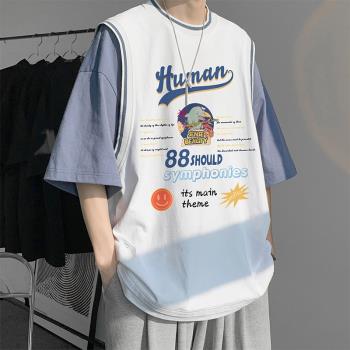 假兩件t恤短袖男夏季潮牌美式重磅休閑寬松運動籃球衣服潮流半袖