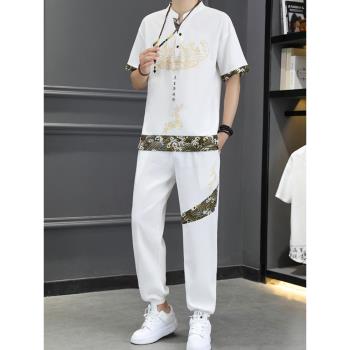 中國風短袖t恤男士時尚禪風休閑套裝夏季薄款半袖上衣潮牌兩件套