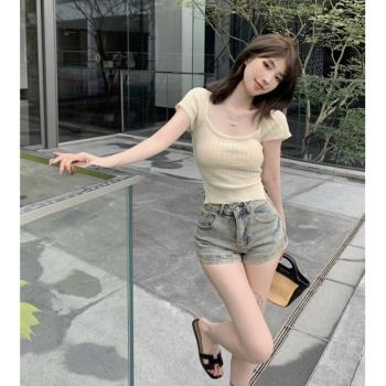 韓版甜辣妹風針織衫女夏季2023新款露腰方領短袖后背綁帶短款上衣