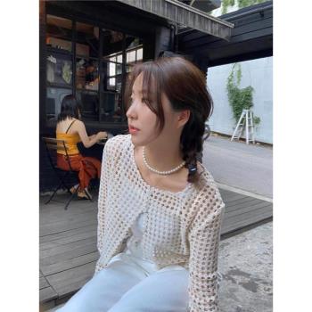 韓國amomento甜美花朵蕾絲鏤空開衫 寬松長袖防全棉刺繡空調衫女