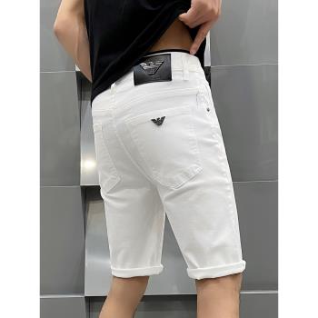 香港高端男士白色牛仔短褲五分褲子2024夏季薄款彈力黑色5分褲潮