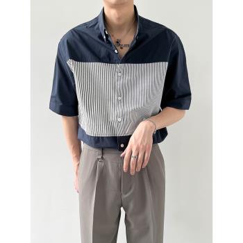 ZPZ夏季薄款上衣韓版寬松短袖襯衫男士潮流拼接條紋5五分中袖襯衣