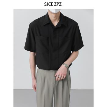 ZPZ夏季上衣韓版寬松純色短袖襯衫男潮流INS高級垂感百搭半袖襯衣