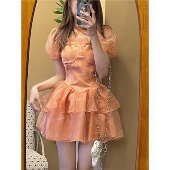 橘色歐根紗甜美公主連衣裙帶胸墊方領泡泡袖收腰顯瘦蓬蓬裙蛋糕裙