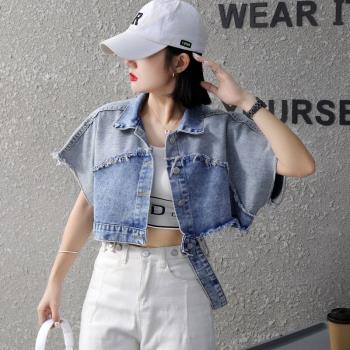 韓版夏季拼色牛仔馬甲女裝背心坎肩馬夾短款寬松小眾設計感蝙蝠袖