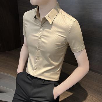 豎條紋男士短袖襯衫夏季冰絲2023新款夏天商務高端修身高級感襯衣