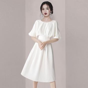 法式復古高級感白色連衣裙女2023年夏季新款氣質名媛收腰顯瘦裙子