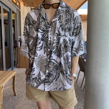 泰國花襯衫男短袖夏季冰絲vintage巴洛克復古夏威夷七分袖外套薄