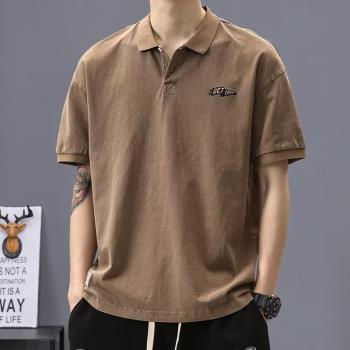 美式復古短袖polo衫男夏季寬松潮牌工裝翻領t恤潮流百搭半截上衣