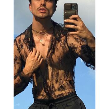 2024歐美春季休閑透視上衣修身時尚長袖蕾絲性感襯衫Men's Shirts