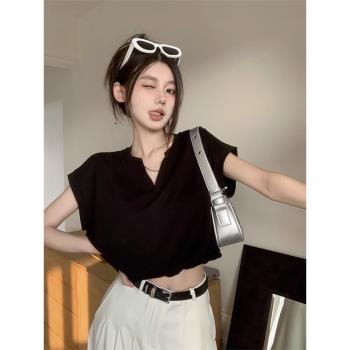 韓版設計感V領坎肩短袖T恤女2023年夏季新款氣質顯瘦小眾百搭上衣