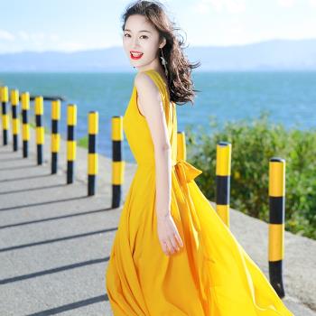 連衣裙女夏新款顯瘦黃色長裙腳踝森系泰國巴厘島海邊度假沙灘裙仙