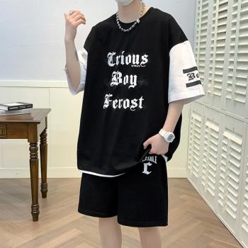 夏季套裝男潮流韓版青少年初中高中學生字母短袖酷帥搭配一套夏裝
