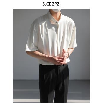 ZPZ夏季高級感垂感立領短袖襯衫上衣 男韓版寬松休閑純色半袖襯衣