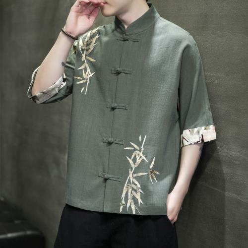 夏季中國風亞麻襯衫男短袖襯衣中式改良漢服唐裝刺繡棉麻半袖上衣