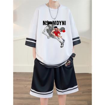 夏季青少年速干短袖t恤男孩籃球衣服初中學生帥氣大童運動套裝潮