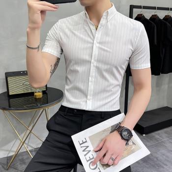 夏季條紋商務冰絲短袖襯衫男士韓版潮流修身薄款高級感五分袖襯衣