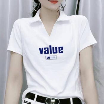 Polo領純棉襯衫女短袖2025春夏季歐貨寬松V領半袖t恤白色正肩上衣