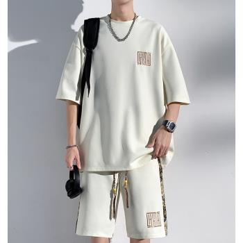 男士夏天套裝潮牌短袖T恤短褲兩件套高級感中國風大碼休閑運動服