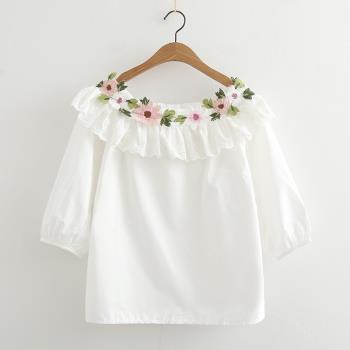 夢箱子玫瑰花朵刺繡七分袖襯衣女鏤空繡花荷葉邊松緊一字領白襯衫
