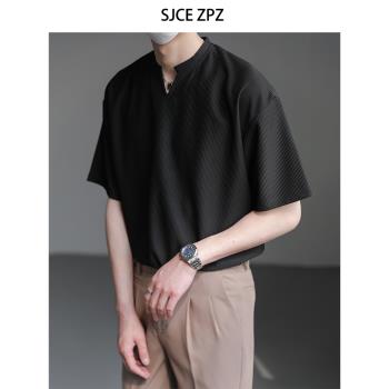 ZPZ高級垂感小V領短袖T恤男裝2023新款夏季上衣潮牌INS半袖體恤衫