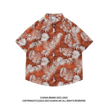 51嘻哈美式vintage植物印花夏威夷襯衫男夏季ins復古冰絲短袖襯衣