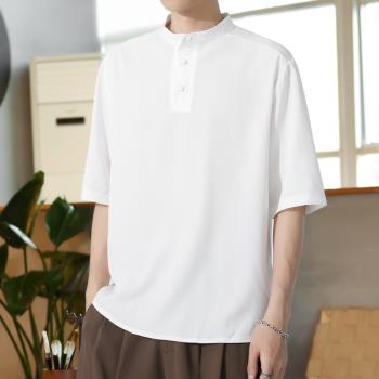 立領冰絲T恤男寬松中國風男裝夏季青年盤扣復古短袖中式半袖體恤