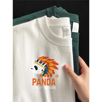 重磅純棉白色圓領熊貓t恤男夏季新款設計感潮牌體恤寬松休閑上衣