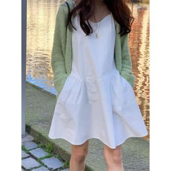 韓國白色吊帶連衣裙女夏季法式簡約氣質顯瘦百搭小個子a字短裙潮