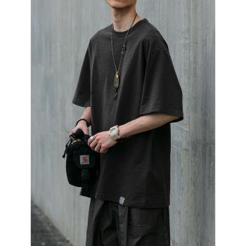 日系工裝短袖男基礎款純色純棉潮牌竹節棉圓領寬松刺繡T恤衫半袖