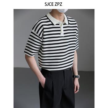 ZPZ設計感鏤空條紋翻領POLO衫男短袖T恤夏季上衣潮流寬松半袖體恤