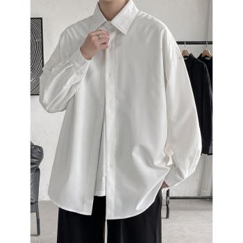 白色長袖襯衫男款春秋季高級感百搭襯衣日系潮流寬松大碼純色外套