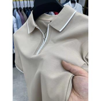 夏季薄款絲光棉高階翻領T恤透氣男士polo衫短袖拉鏈半袖菠蘿衫潮