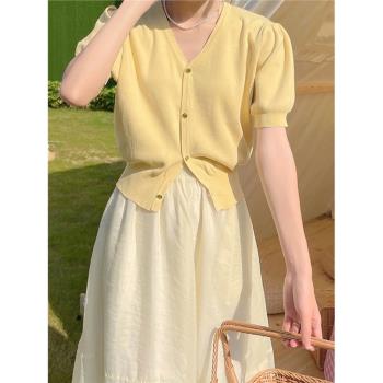 夏季冰絲開衫女薄款外穿短款上衣奶油黃針織短袖女法式復古小衫潮
